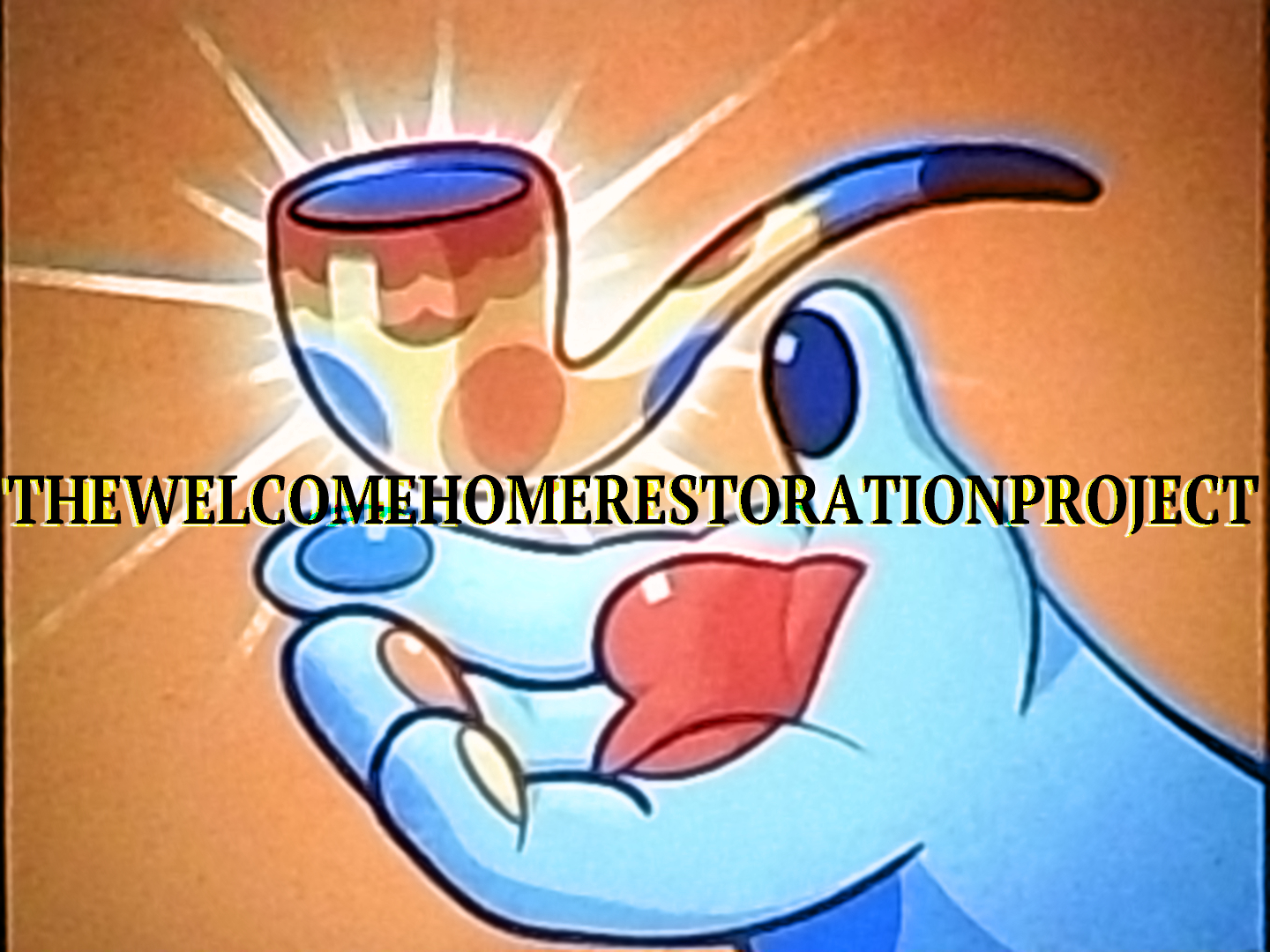 A screenshot from an advertisement, showing Barnaby's hand under a Barnaby colored play pipe