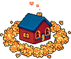 A pixelated illustration of Home with animated heartshaped smoke bellowing out of the chimney