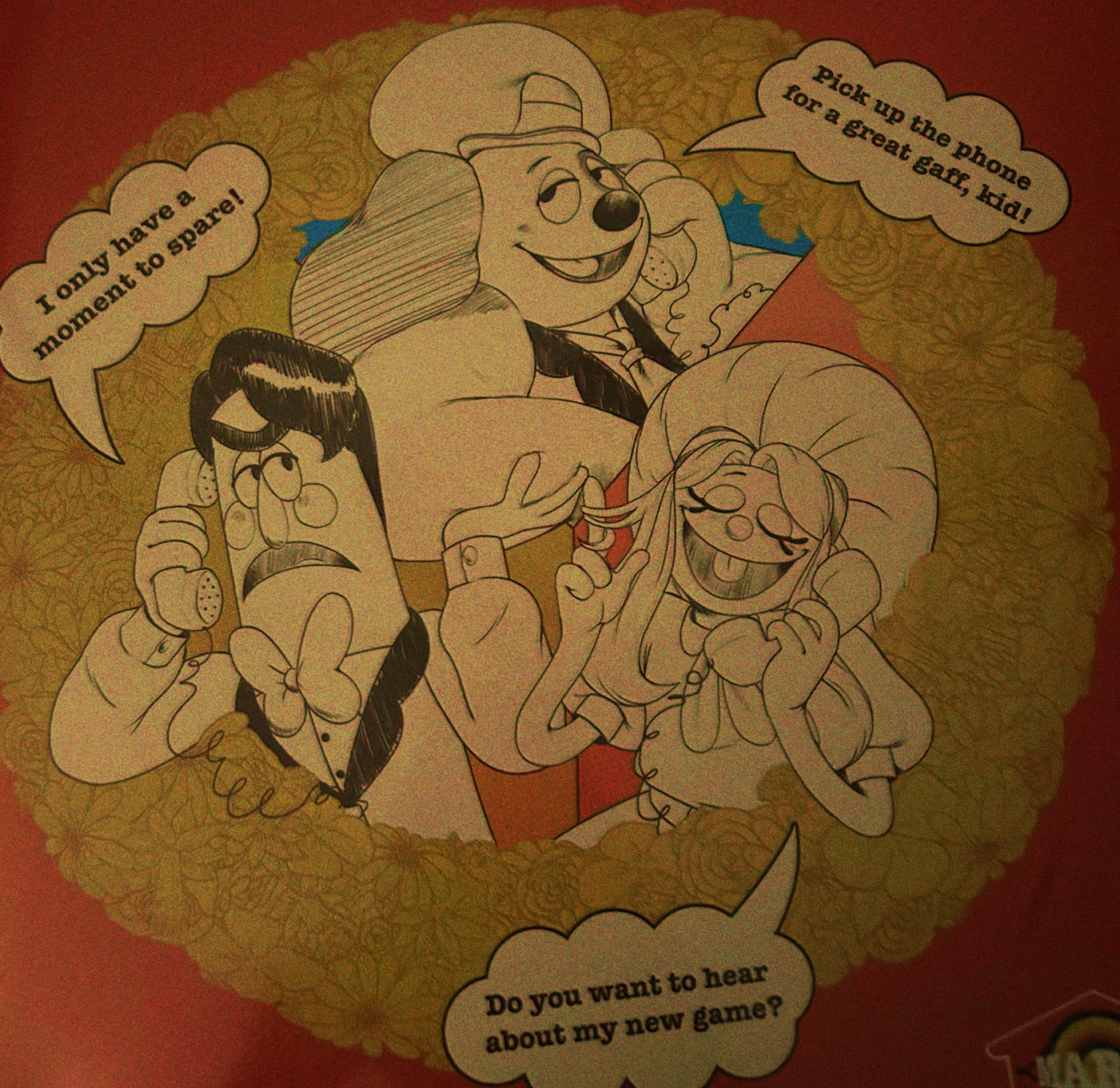 A photograph of the side of the box, showing illustrations of Barnaby, Frank, and Julie, all on the phone. Barnaby wears a smug expression and says 'Pick up the phone for a great gaff, kid!' Frank has a exhasperated look and says 'I only have a moment to spare!' while Julie twirls her hair and closes her eyes, smiling, as she says 'Do you want to hear about my new game?'