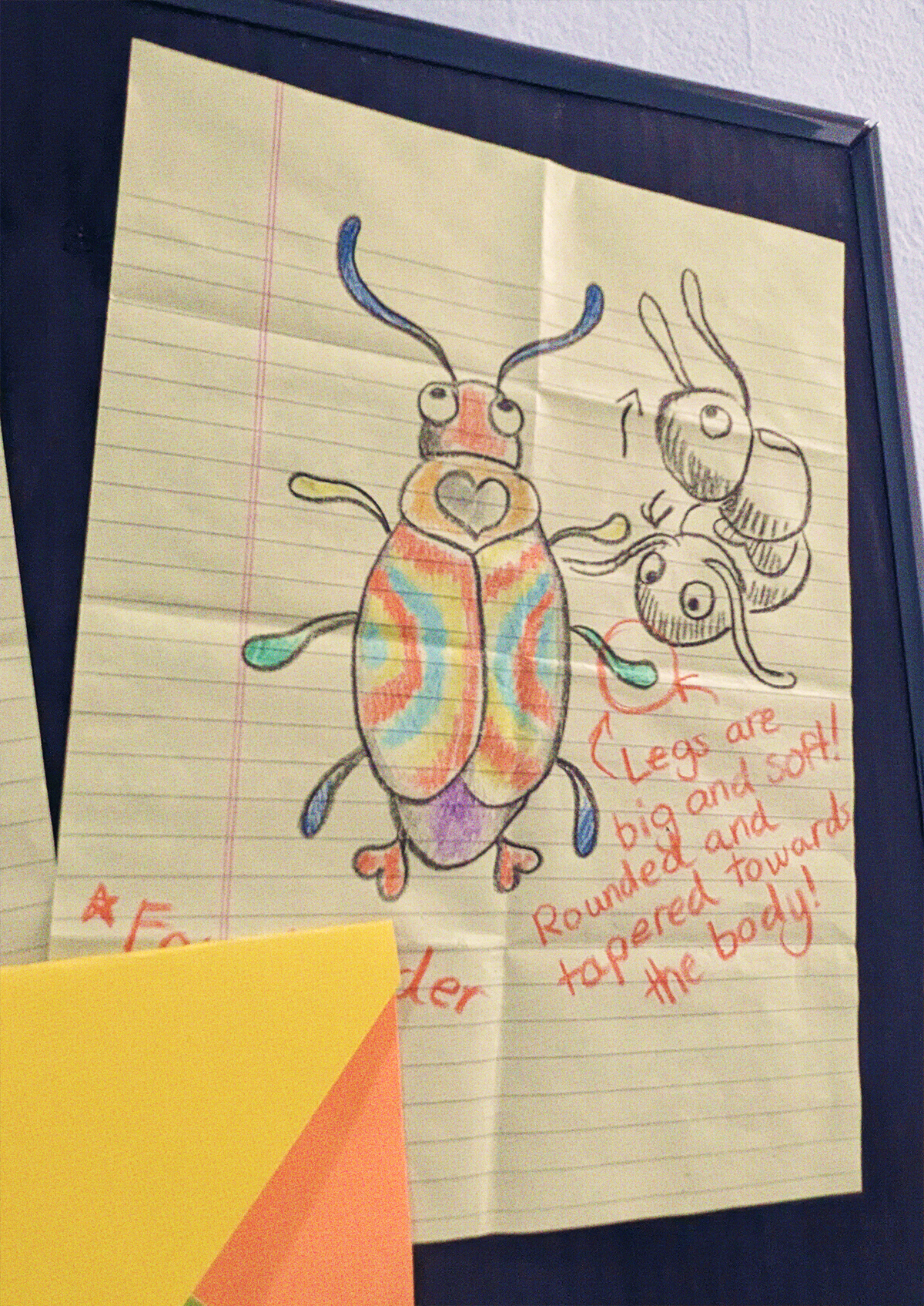 Another closeup of framed display showing the drawing mentioned in the previous image. It appears to be drawn in crayon, and shows a very colorful bug that has wide eyes, and some heart motifs. There's a red circle on one of the legs, with arrows and text that reads 'Legs are big and soft! Rounded and tapered towards the body!'