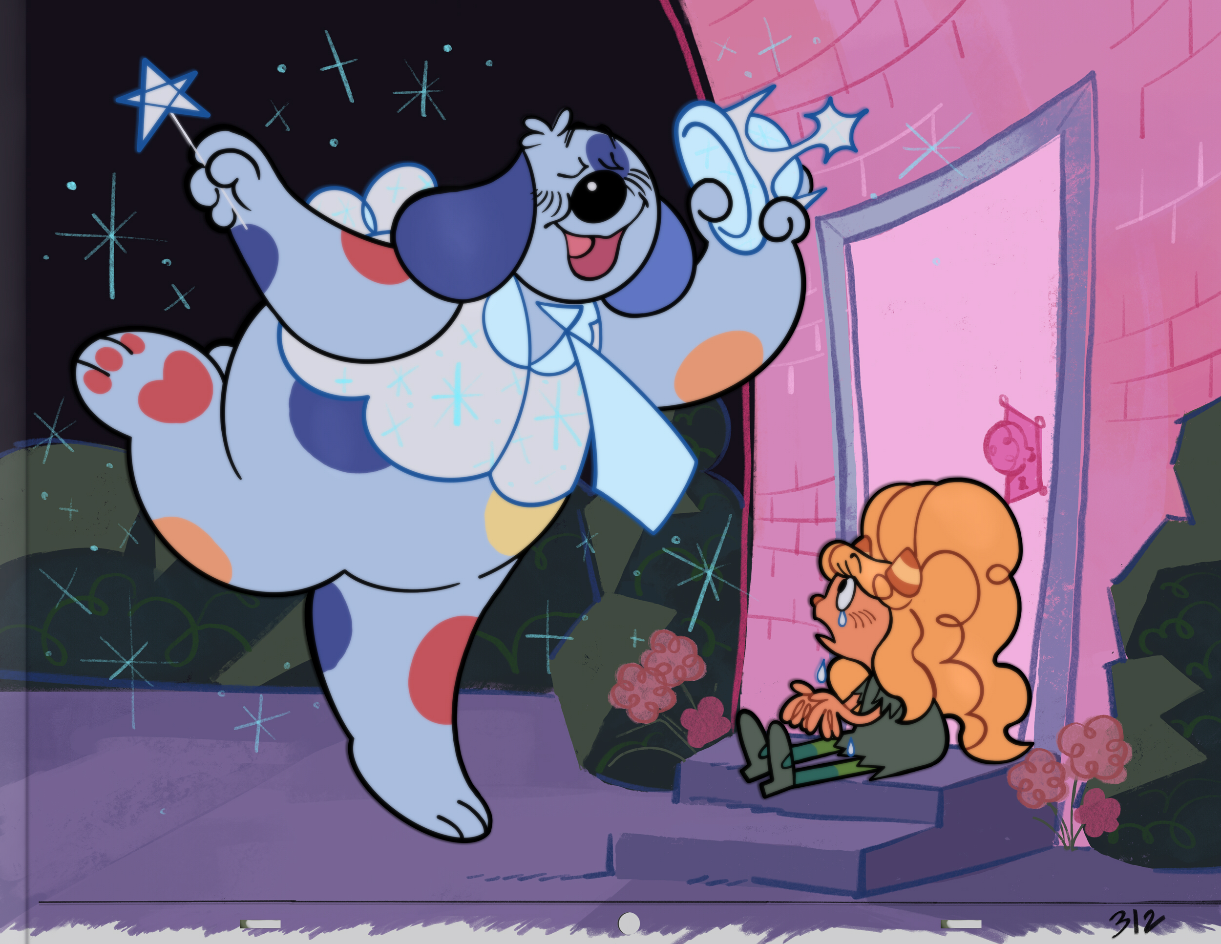 An animation cel showing Julie as Cinderella (Julie-rella) and Barnaby as her fairy dogmother. Julie sits on the doorstep with a tear in her eye, and Barnaby smiles, holding a wand.