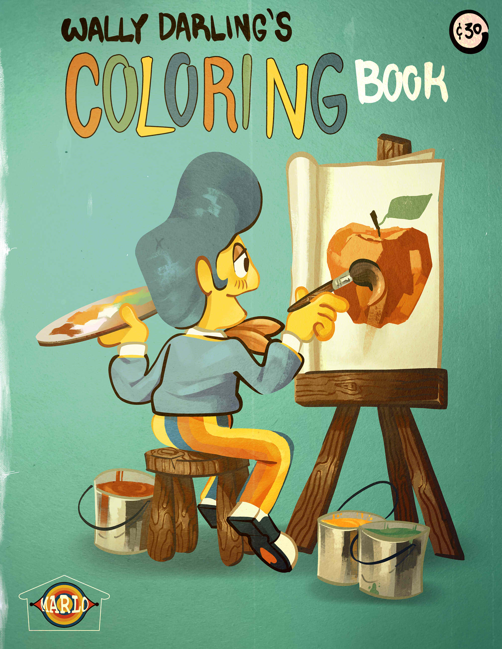 The front cover of a coloring book titled 'Wally Darling's Coloring Book' it has a 30 cent price tag, and has a illustration of Wally smiling as he paints an apple. There's a Marlo logo in the corner.
