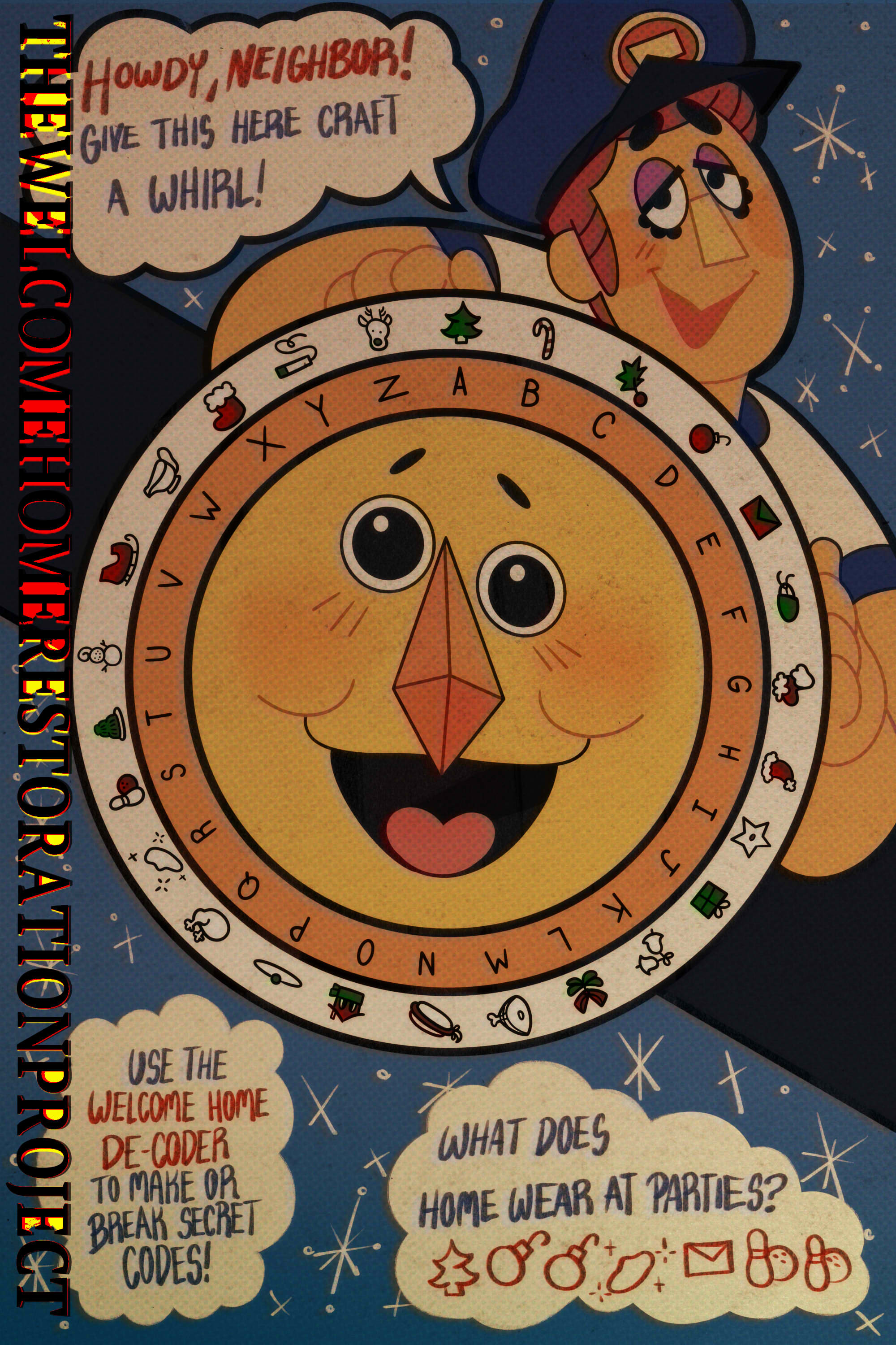 The back of a Crispy Sweets Frosted cereal box, it has a de-coder circle coinciding small illustrations to letters. Eddie is illustrated next to it, smiling.