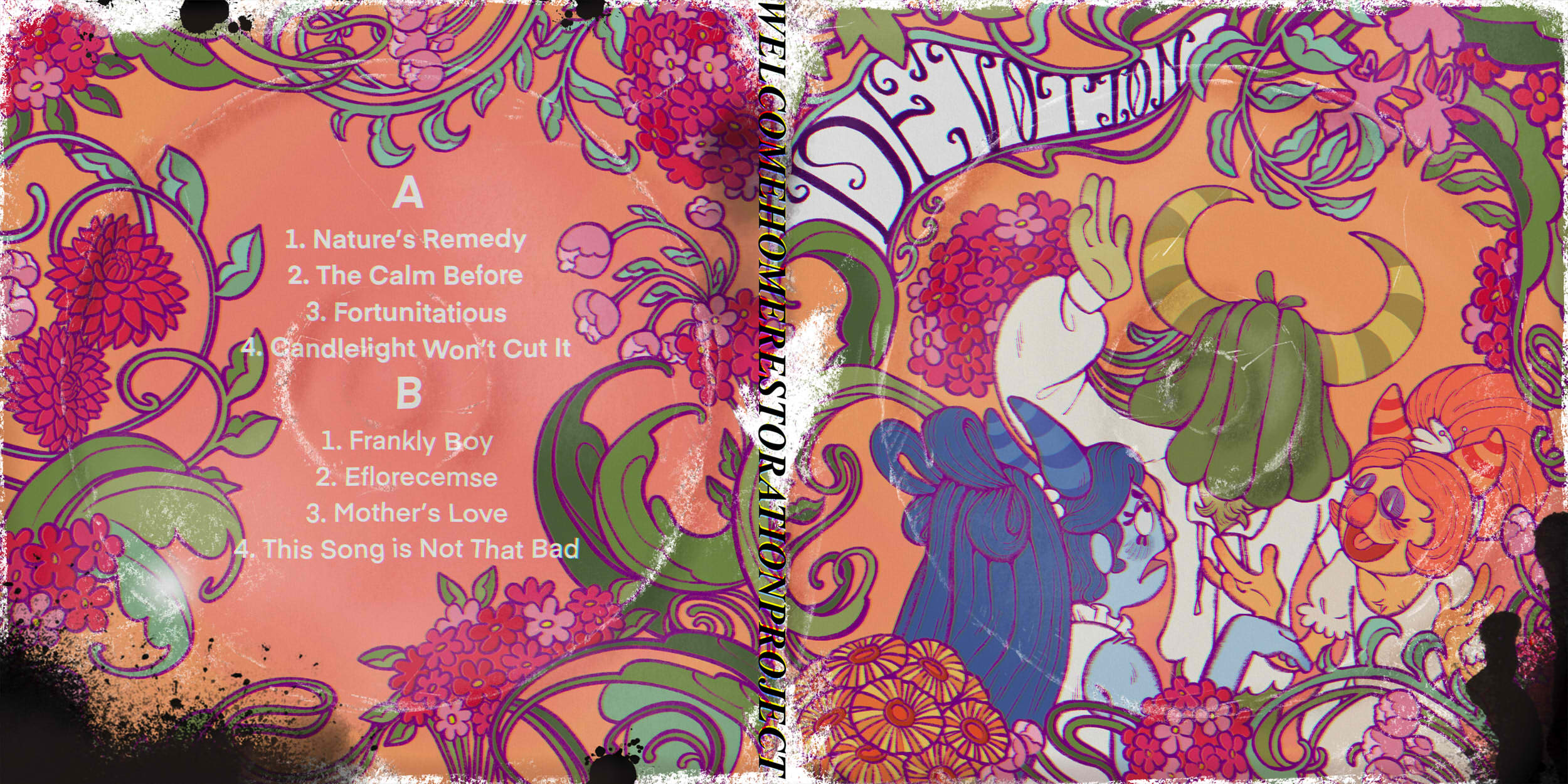 A scan of the vinyl record front and back of 'Devotion'. The cover shows an illustration of Jonesy, Bea, and Franny, surrounded by flowers and wearing white clothing. The back side lists side A as having tracks: 1': Nature's Remedy, 2. The Calm Before, 3. Fortunitatious, 4. Candlelight Won't Cut It.' and side B as having: '1. Frankly Boy, 2. Eflorecemse, 3. Mother's Love, 4. This Song Is Not That Bad.' The album is well loved with the print being worn down, as well as paint and ink being in the corners.