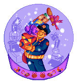 A pixel art illustration of Eddie inside a snowglobe, he's holding a pile of festive Homewarming packages