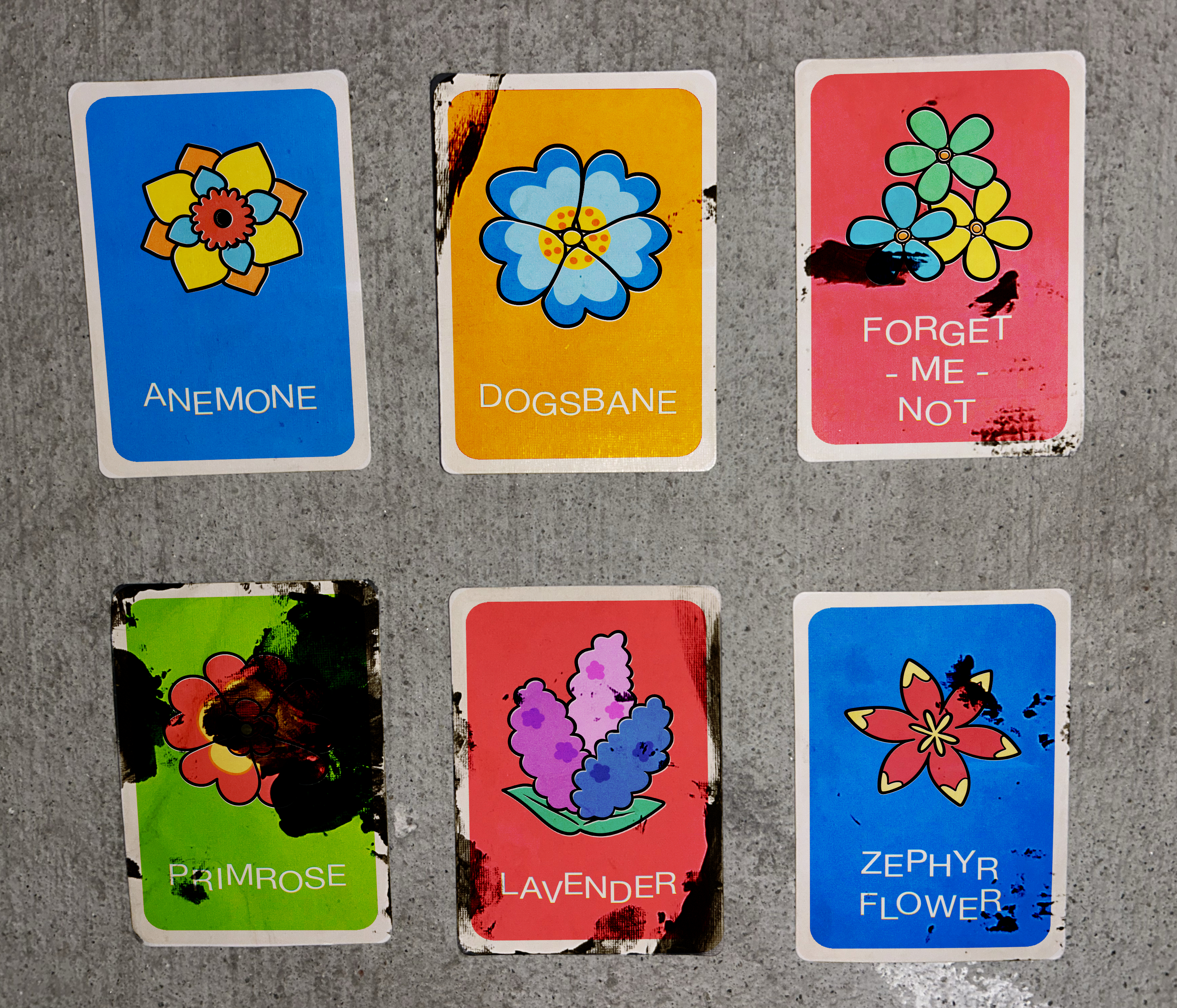 Six cards from the game Floriography.