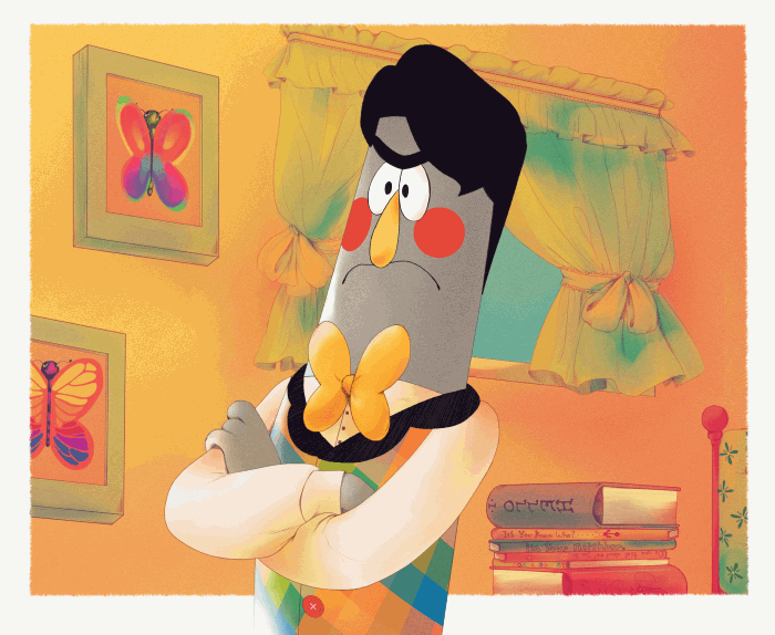 A completed animation of Frank Frankly's head spinning all the way around. He has a stern expression and is crossing his arms. Butterflies on his walls flutter.