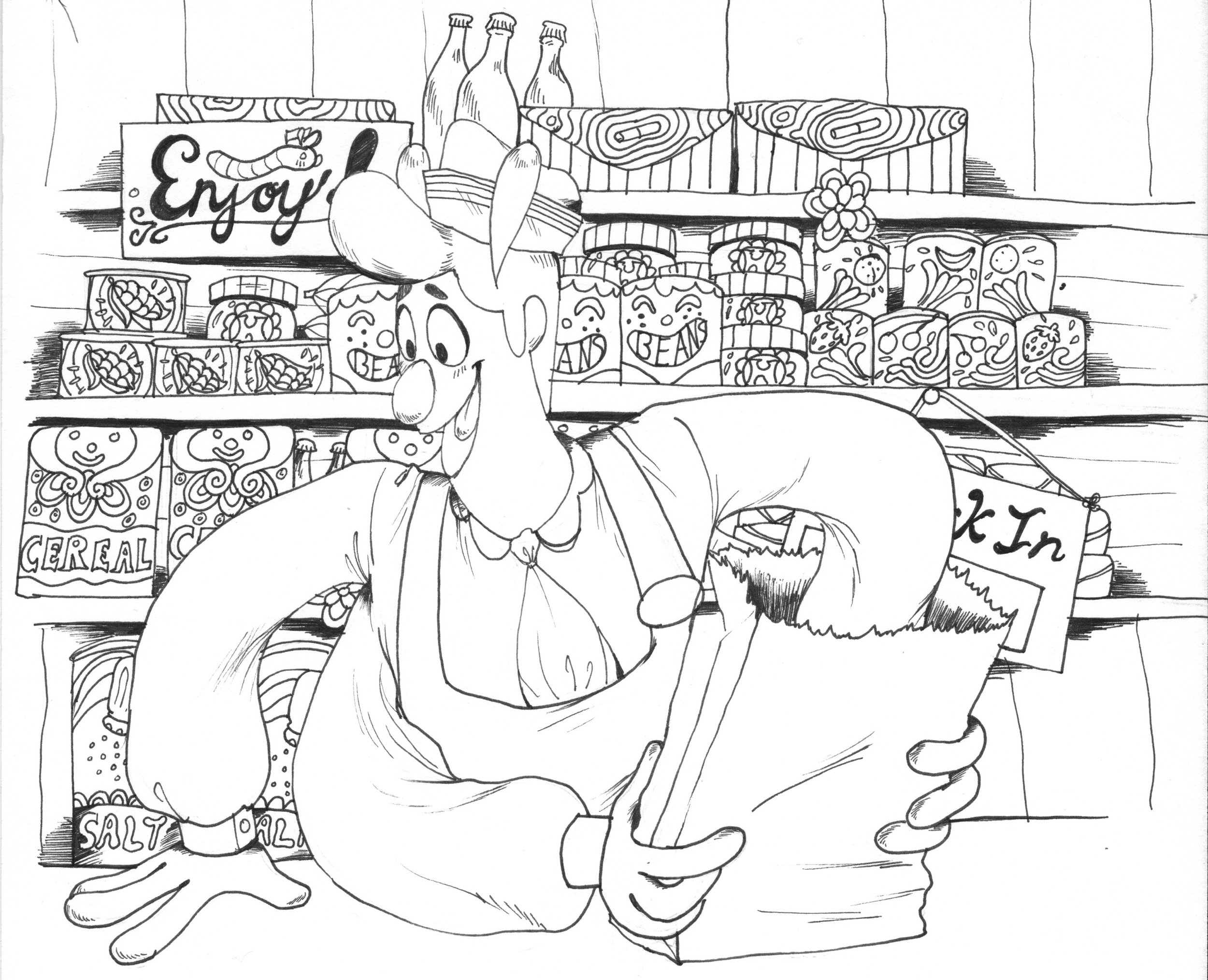 A line drawing based illustration of Howdy Pillar smiling as he puts groceries from his shop in a paper bag.