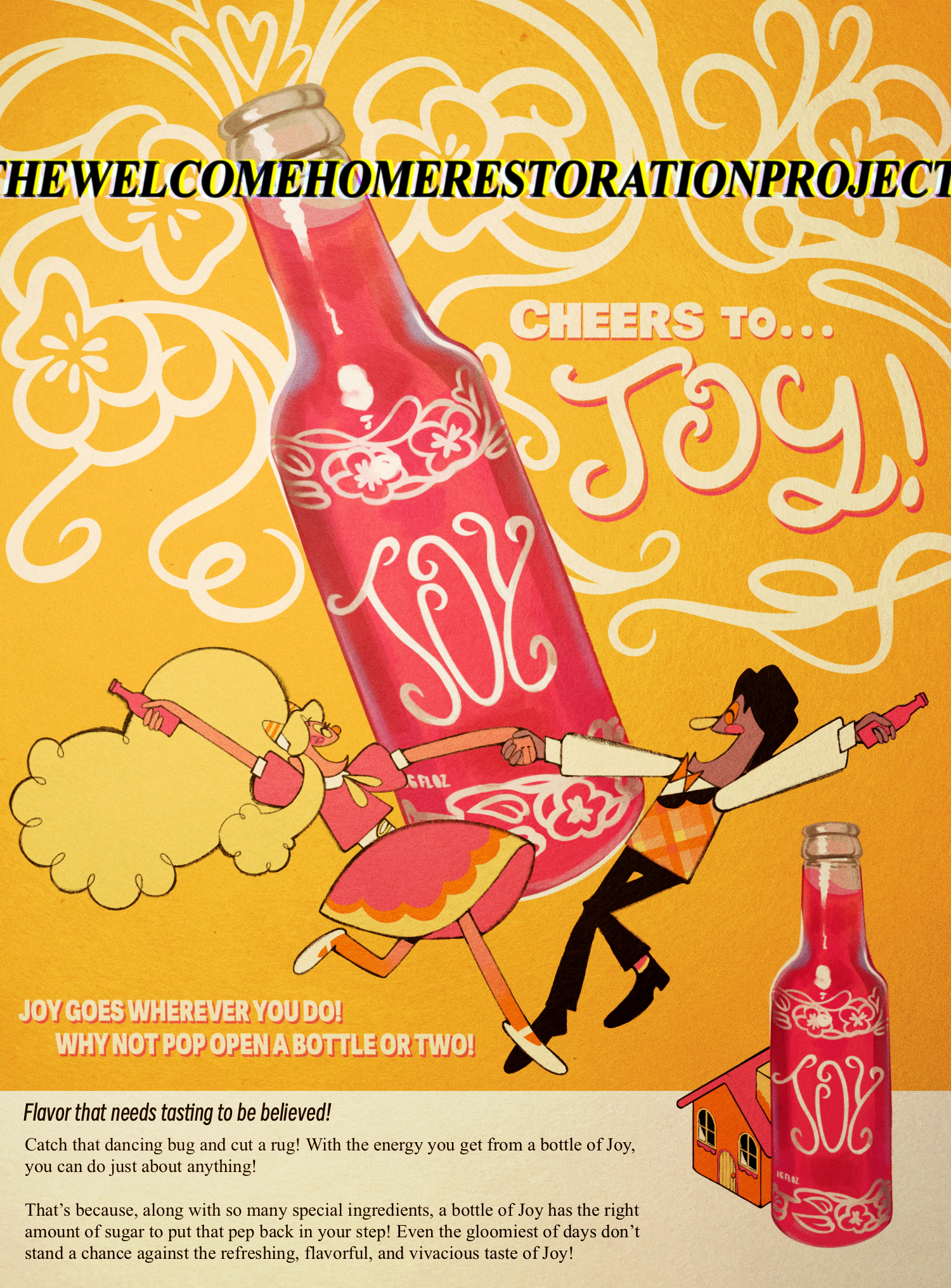 A magazine ad for 'Joy' soda, Julie and Frank are illustrated holding bottles of Joy and smiling, the advertisement in part reads: 'Cheers to Joy! Joy goes whereever you do! Why not pop open a bottle or two!'