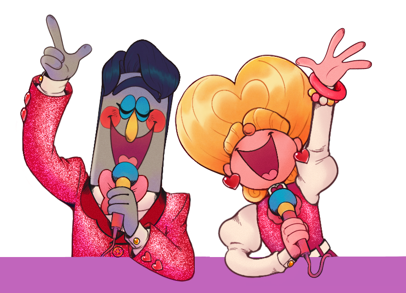 An illustration of Frank and Julie holding microphones and smiling.
