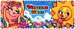 A summer themed pixel art banner with Julie and Sally