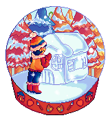 A pixel art illustration of Wally inside a snowglobe, building a snow version of Home, he's all ready for Homewarming!