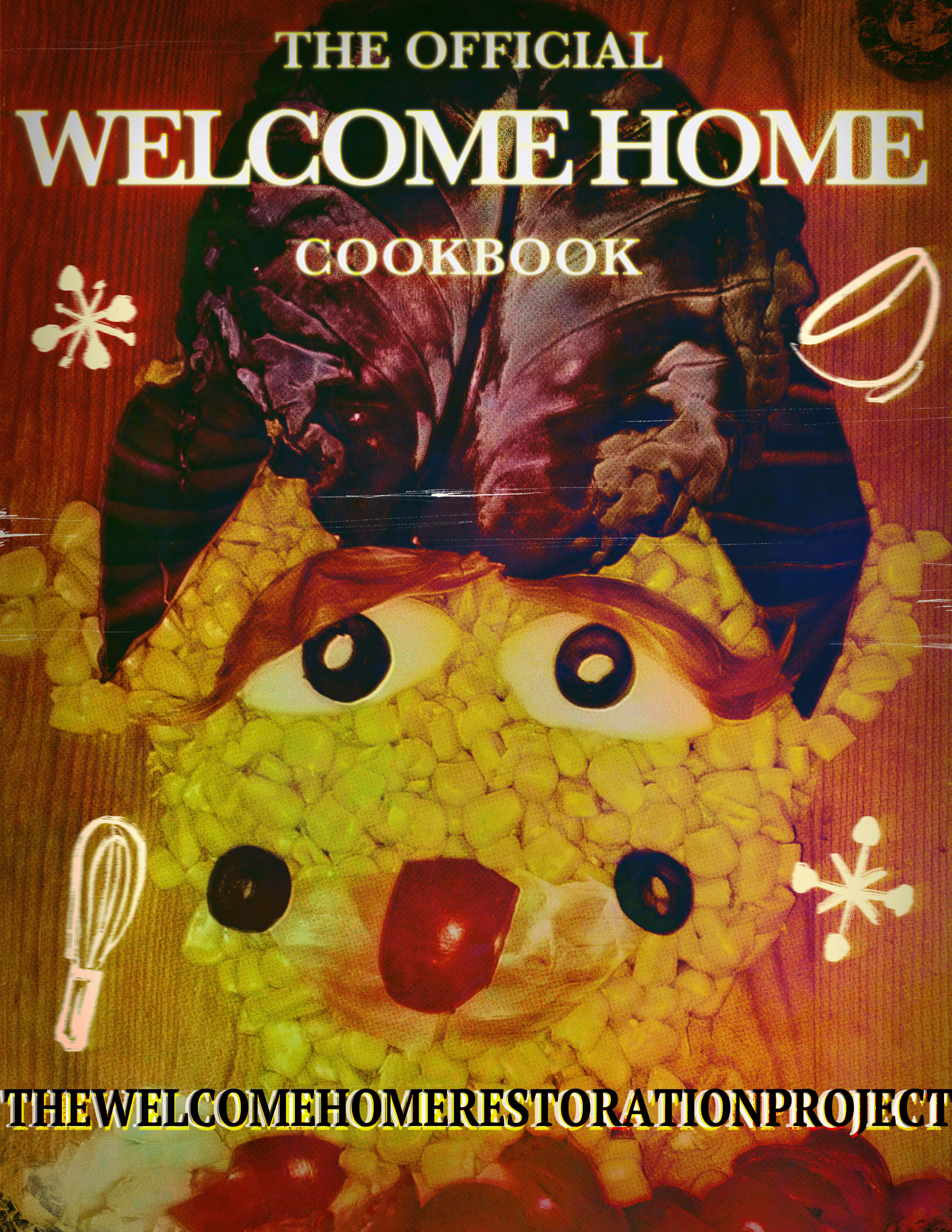 The front conver of 'The Official Welcome Home Cookbook', which has a photograph of Wally Darling made of food.