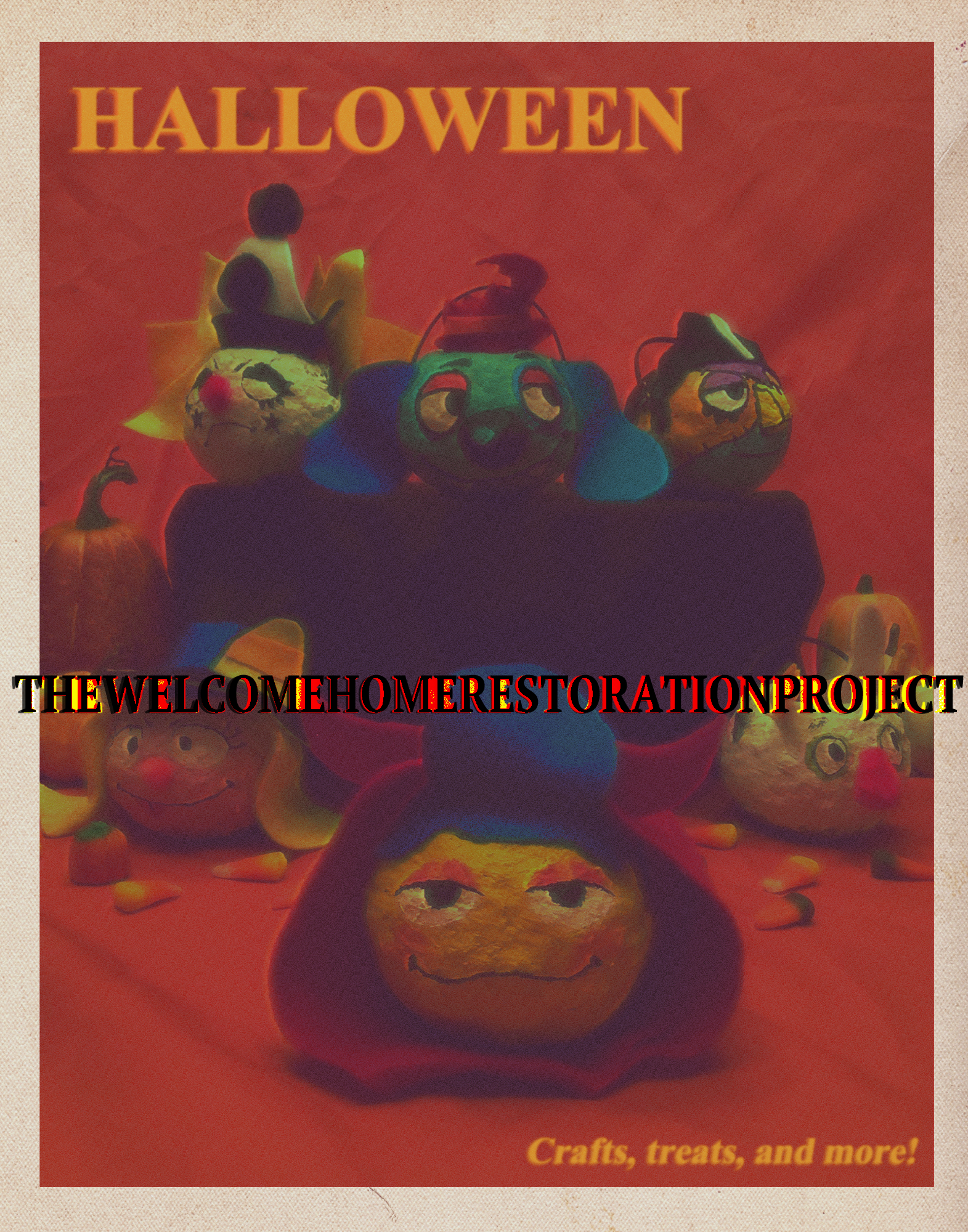 A halloween spread that reads 'crafts, treats, and more!' with the residents of Welcome Home crafted into trick or treating baskets