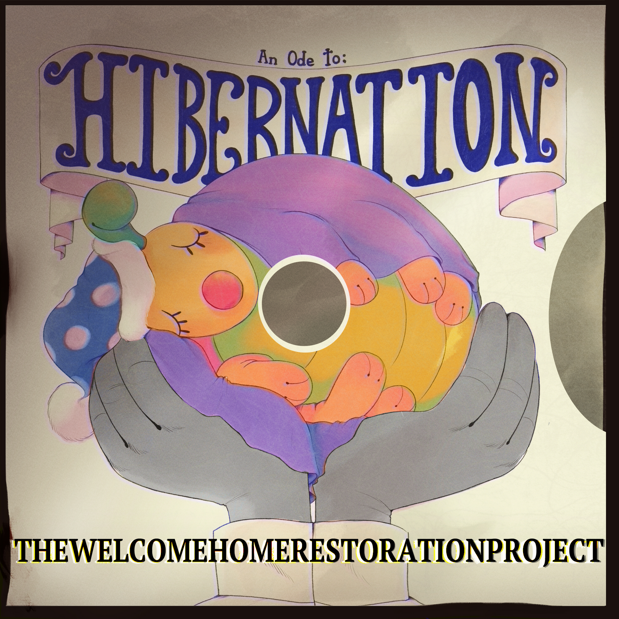 A scan of a vinyrl record sleeve with text reading 'An Ode to HIBERNATION' above an illustration of a bug with six legs wearing a sleeping cap and blanket in Frank's hands.