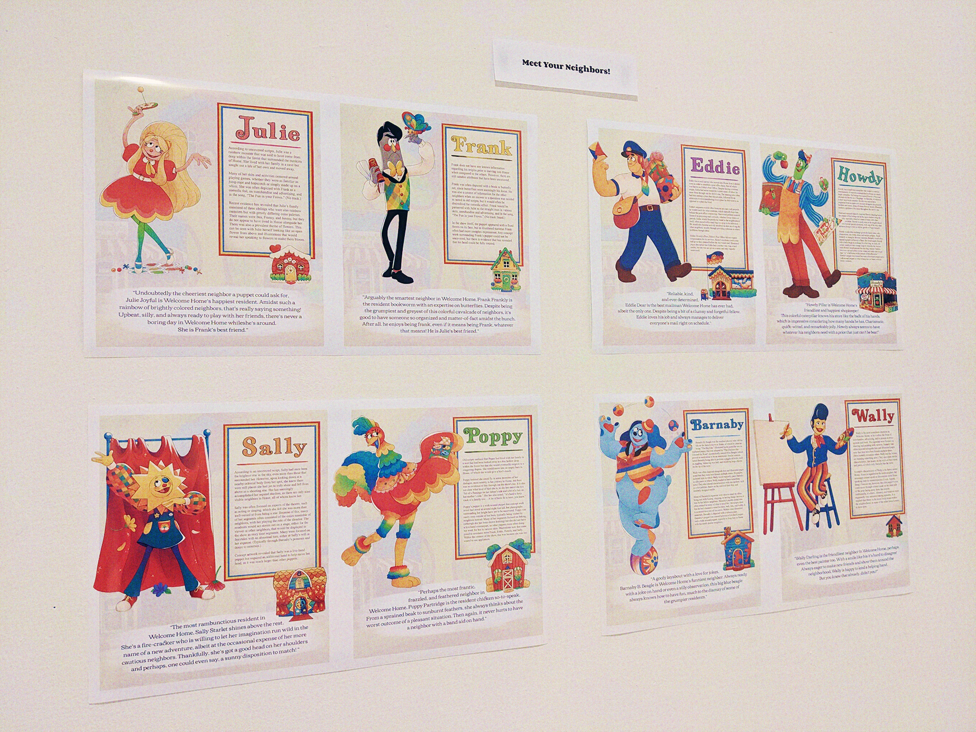 A photo of a wall with pages showing all of the residents. A card is above them that reads'Meet Your Neighbors!'