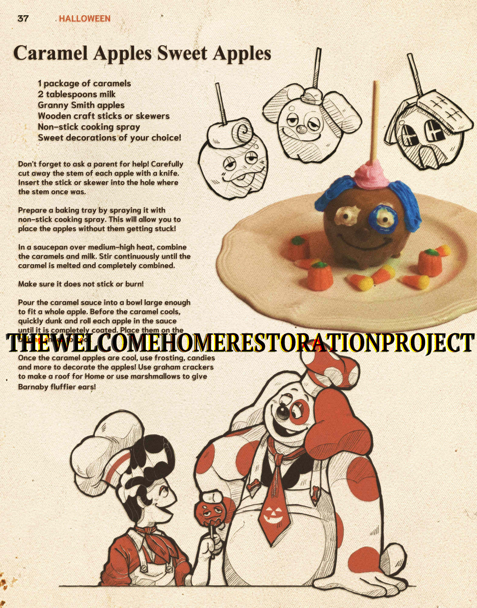 Instructions to make 'Caramel Apples Sweet Apples', there's a photograph of a caramel apple that has been made to look like Barnaby, and illustrations of caramel apples that are made to look like Wally, and Home. Wally smiles at Barnaby, holding a caramel apple made to look like him.