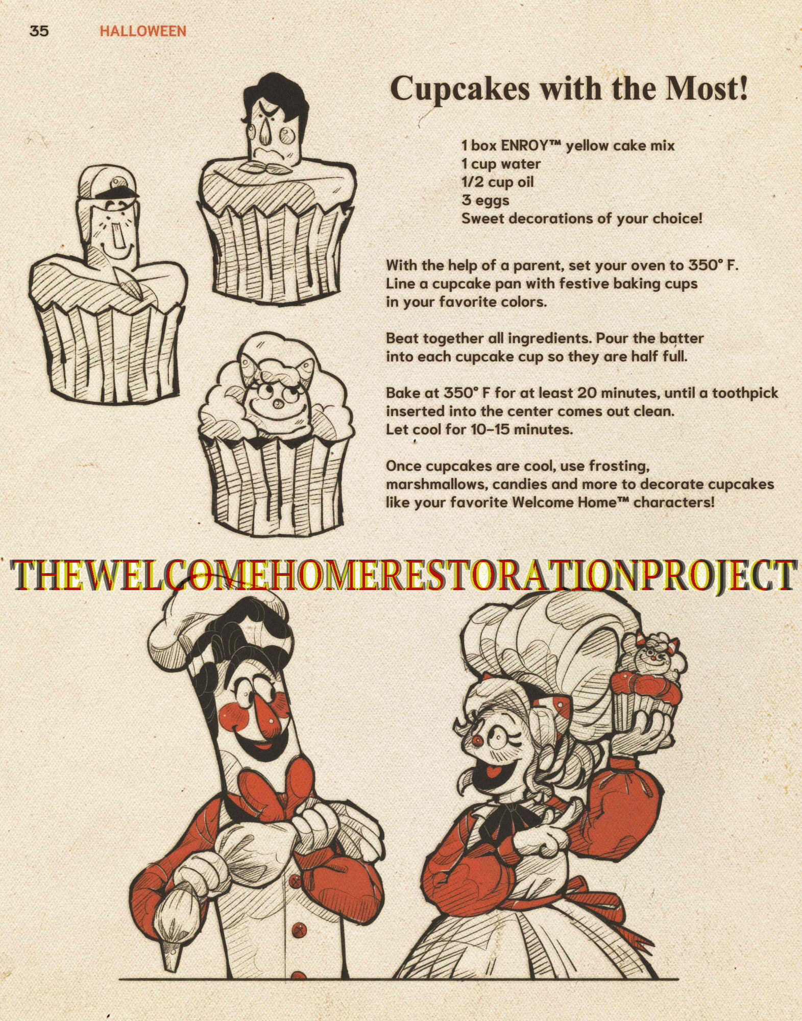 Instructions to make 'Cupcakes with the Most!', there's illustrations of cupcakes made to look like Frank, Eddie, and Julie. Julie smiles at Frank, holding up a cupcake made to look like her.