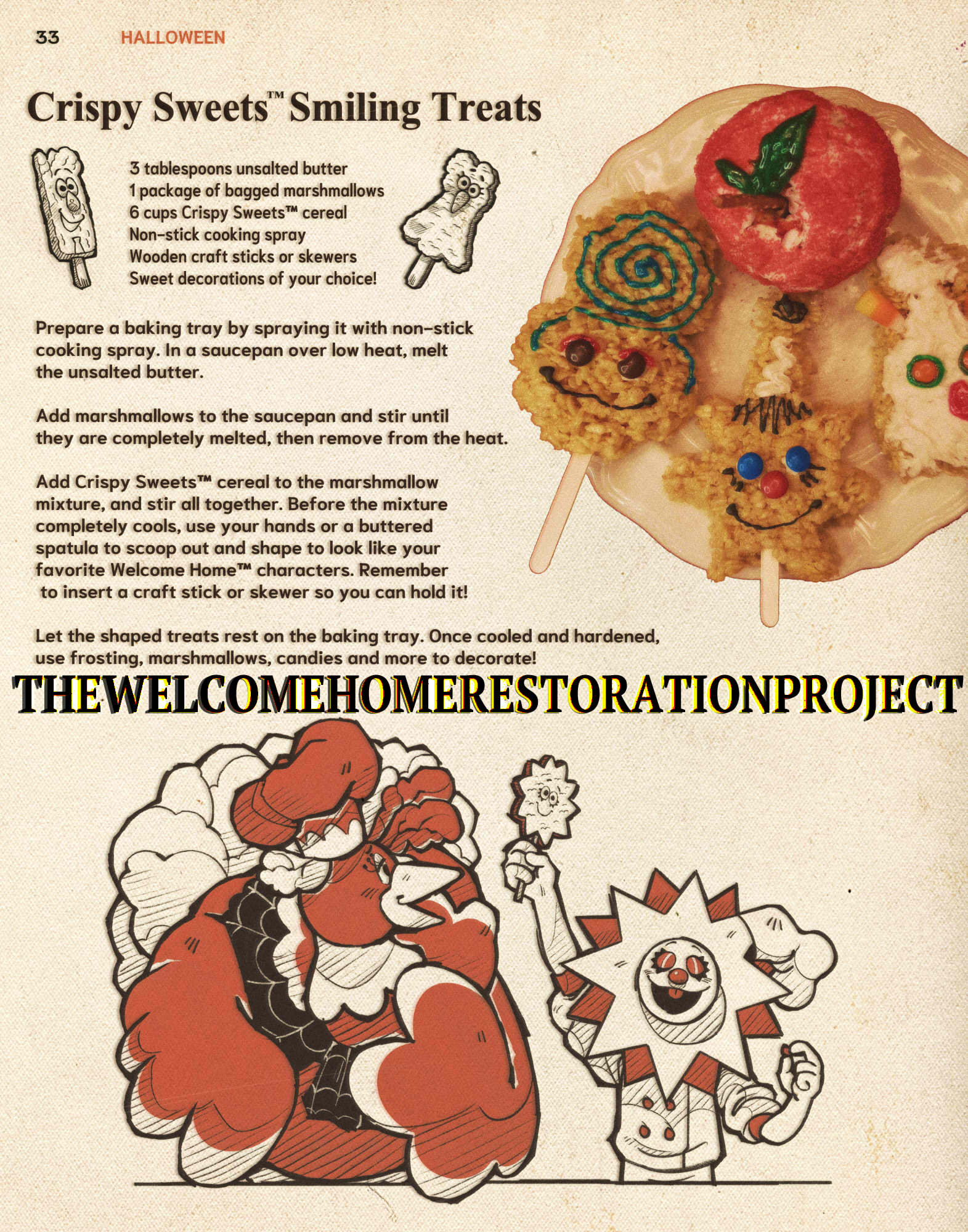 Instructions to make 'Crispy Sweets Smiling Treats', there's a photograph of some treats made to look like Wally, Sally, and Howdy, along with illustrations of the treats made to look like Frank, and Poppy. Sally holds up a treat made to look like her, showing it to Poppy.