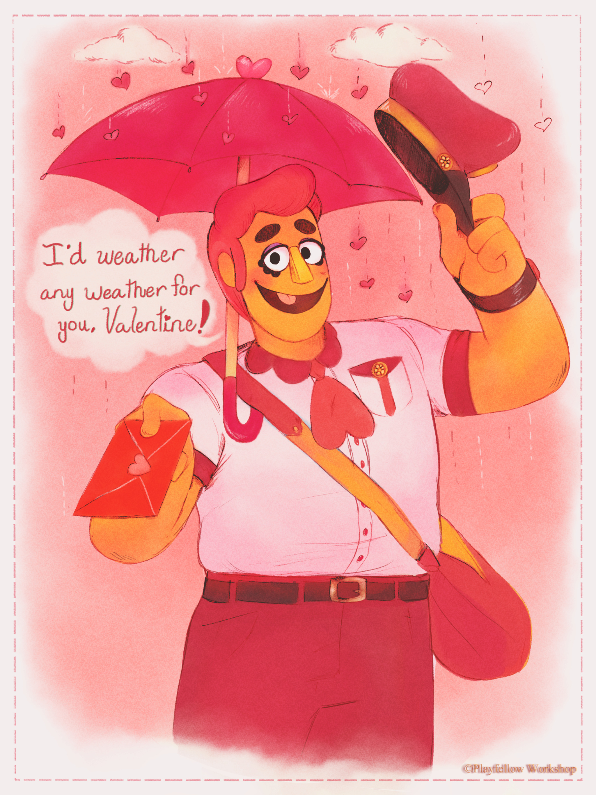 A valentines card with an illustration of Eddie tipping his hat while he holds an umbrella and an envelope, he's smiling and the raindrops are drawn as hearts text reads: 'i'd weather any weather for you, valentine!'