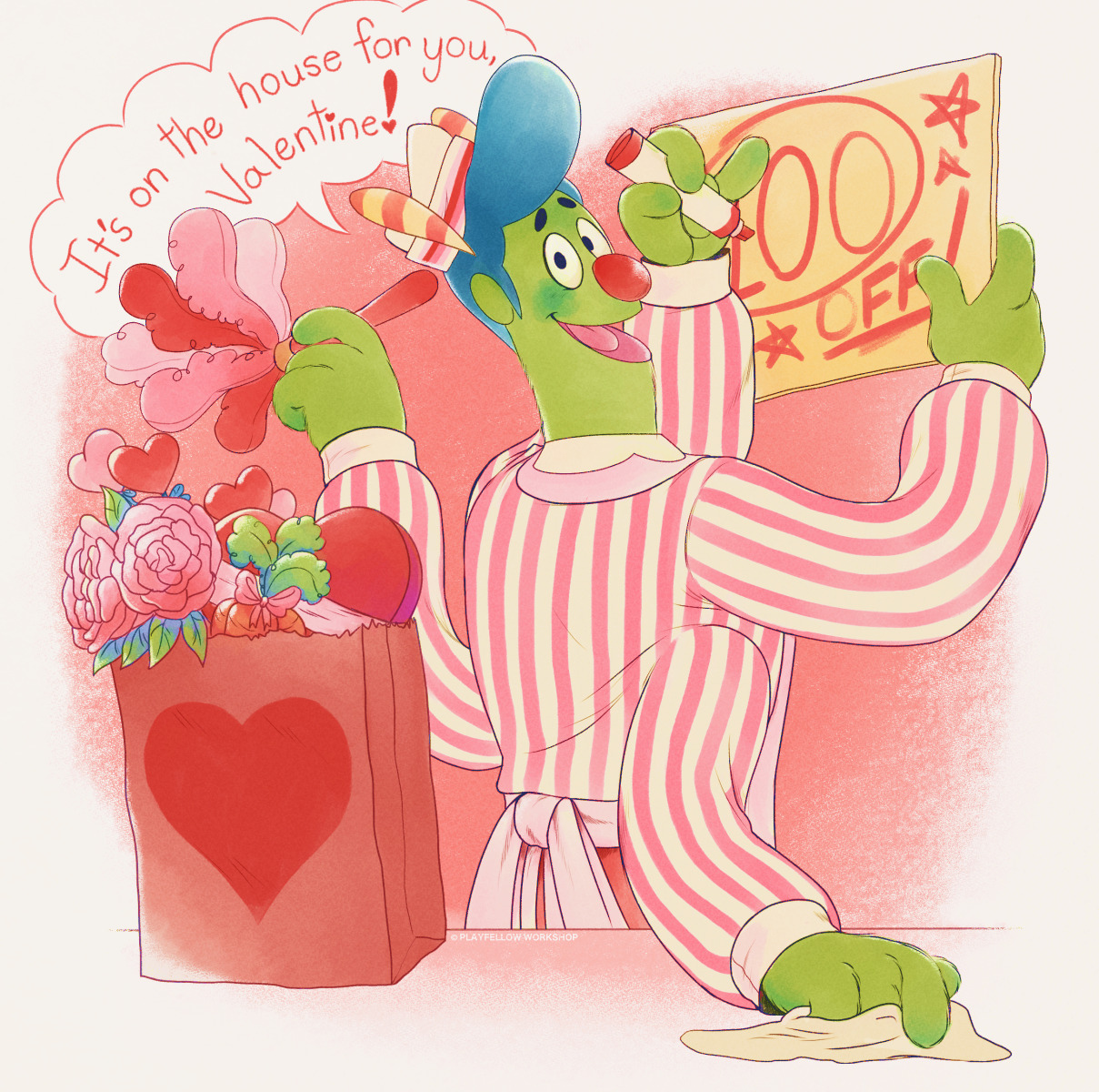 A valentines card with an illustration of Howdy smiling as his multiple hands, make a sale sign, dust the wall, and wipe the counter. On the counter is a papr bag with flowers and a chocolate container, text reads 'It's on the house for you Valentine!'