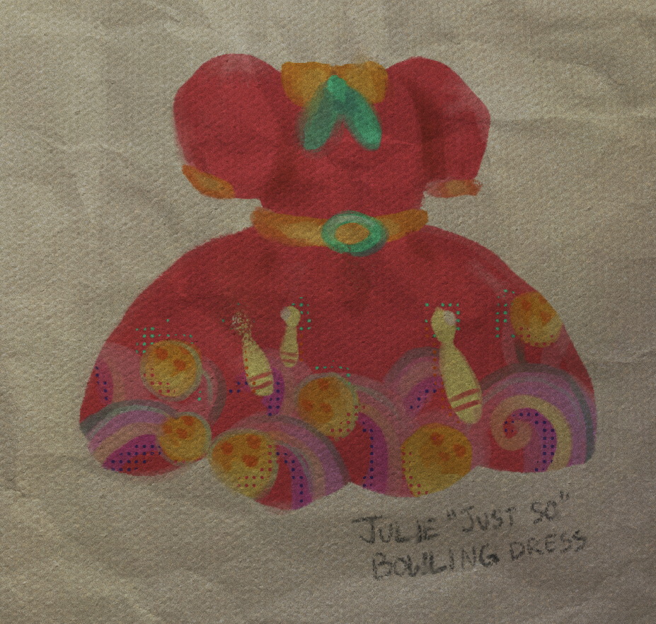 A colorblock illustration of 'Julie's Just So bowling dress'. It has a print of bowling pins, balls, and spiral flourishes on the skirt.