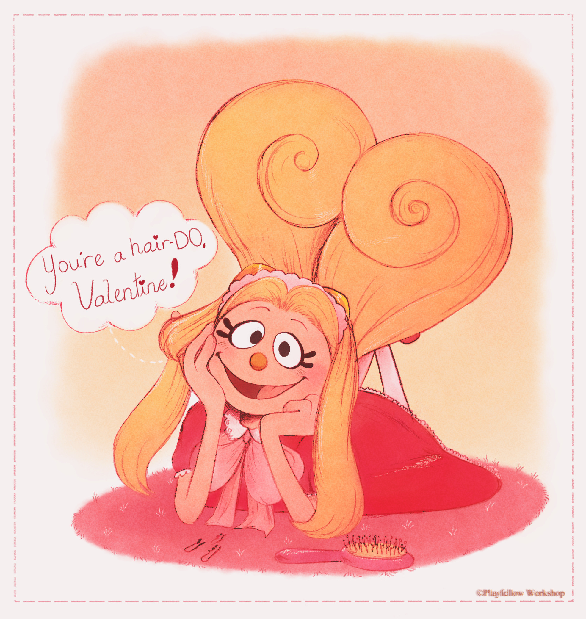 A valentines card with an illustration of Julie smiling, her hair is shaped in a heart. text reads: 'You're a hair DO Valentine!'