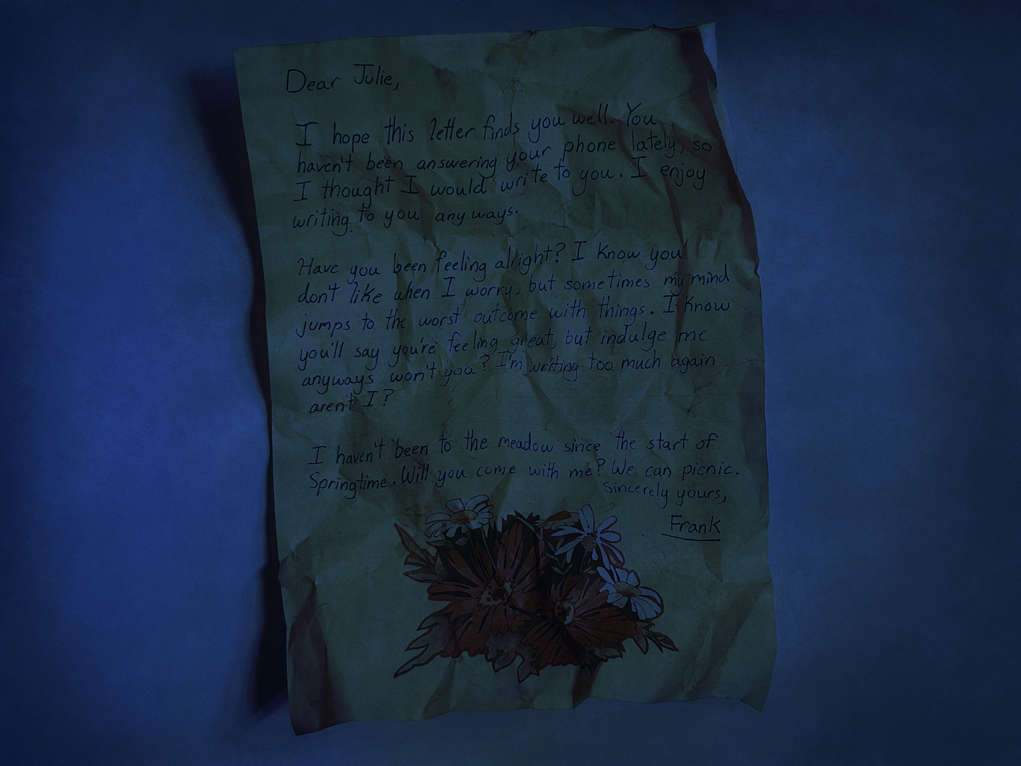A letter that reads: 'Dear Julie, I hope this letter finds you well. You haven't been answering your phone lately, so I thought I would write to you. I enjoy writing to you anyways. Have you been feeling all right? I know you don't like when I worry, but sometimes my mind jumps to the worst outcome with things. I know you'll say you're feeling great, but indulge me anyways won't you? I'm writing too much again aren't I? I haven't been to the meadow since the start of spring time. Will you come with me? We can picnic. Sincerely, yours, Frank.'