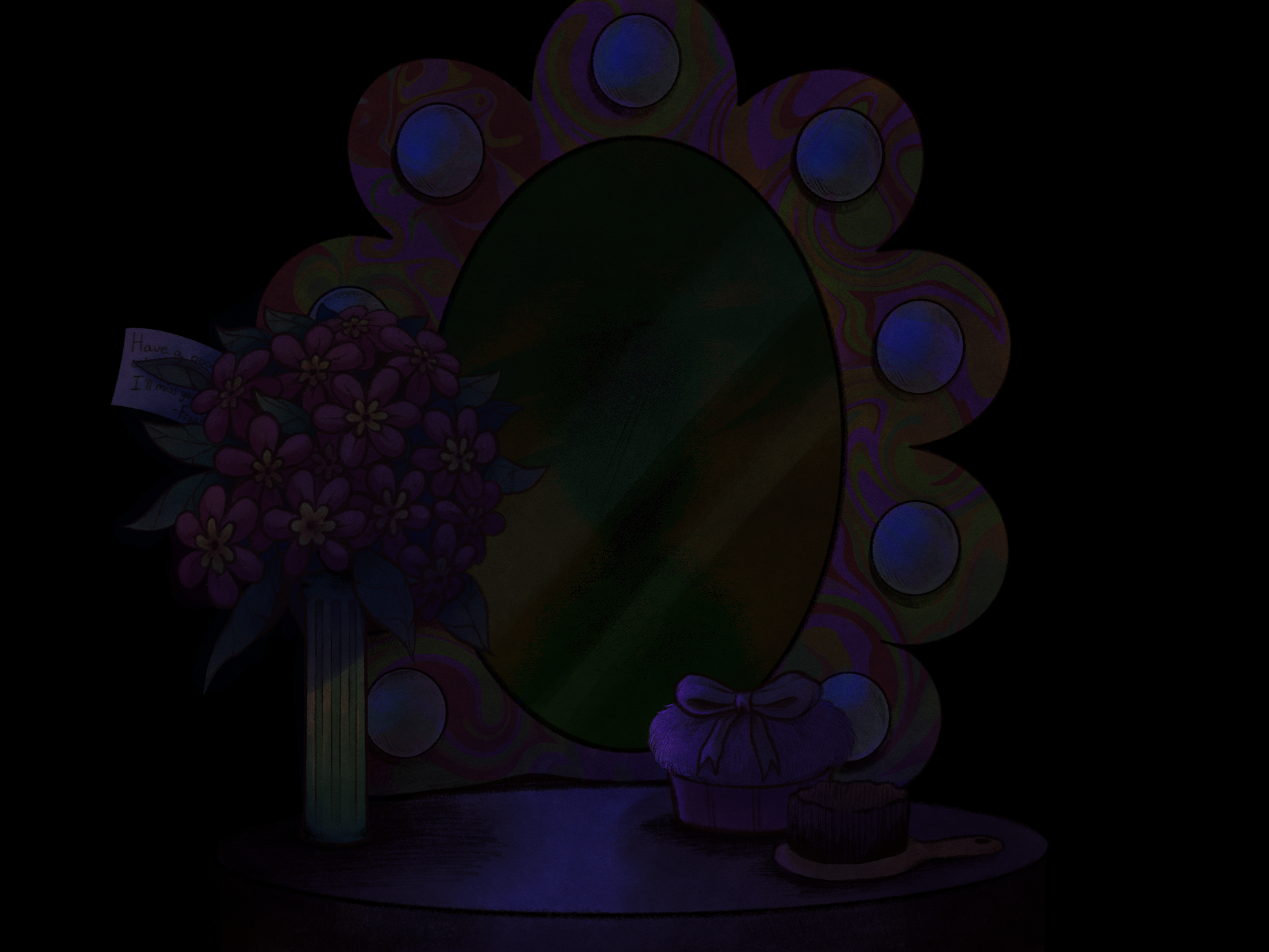 A vanity with a hairbrush, powder puff, and flowers in a vase. The flowers have a tag that reads 'Have a good- (unreadable) I'll miss you -Frank'