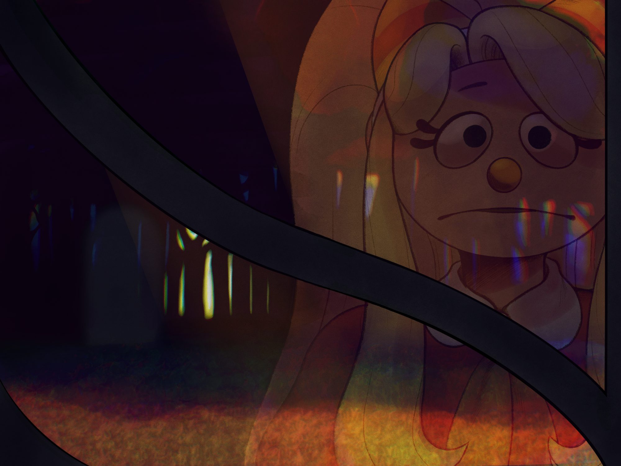 Julie frowns looking out her window at the forest.